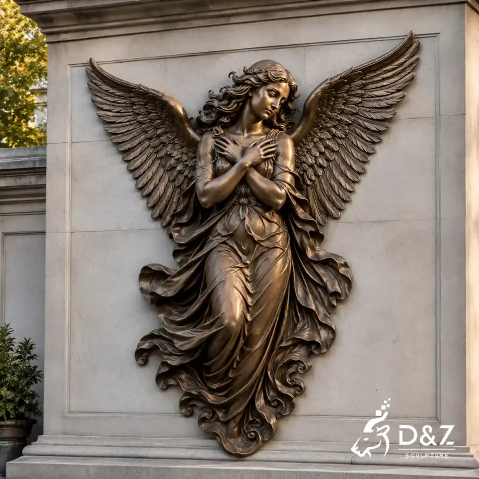 angel wall art sculptures with crossed arms and detailed wings on a decorative wall angel wall art sculptures with crossed arms and detailed wings on a decorative wall
