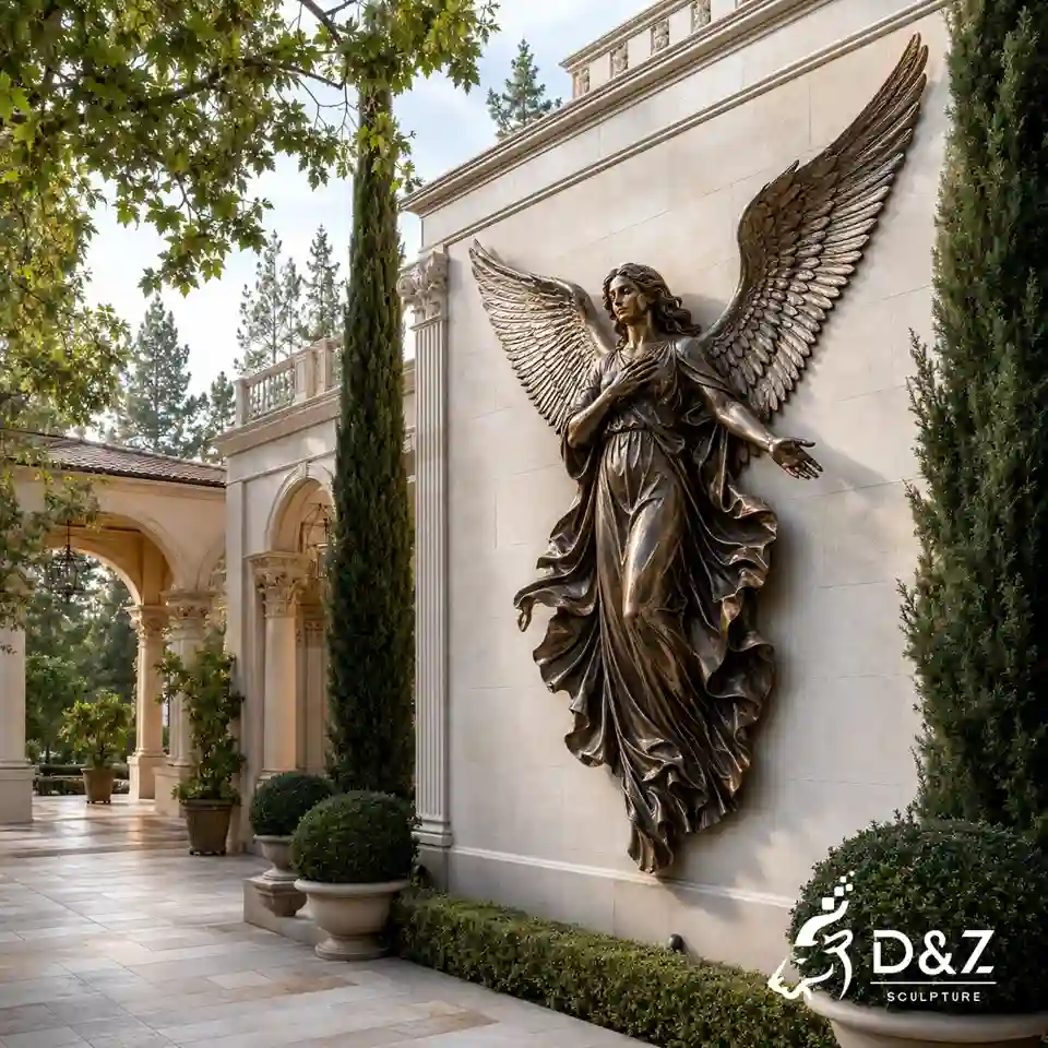 angel on a wall sculpture installed in a luxury villa courtyard setting angel on a wall sculpture installed in a luxury villa courtyard setting