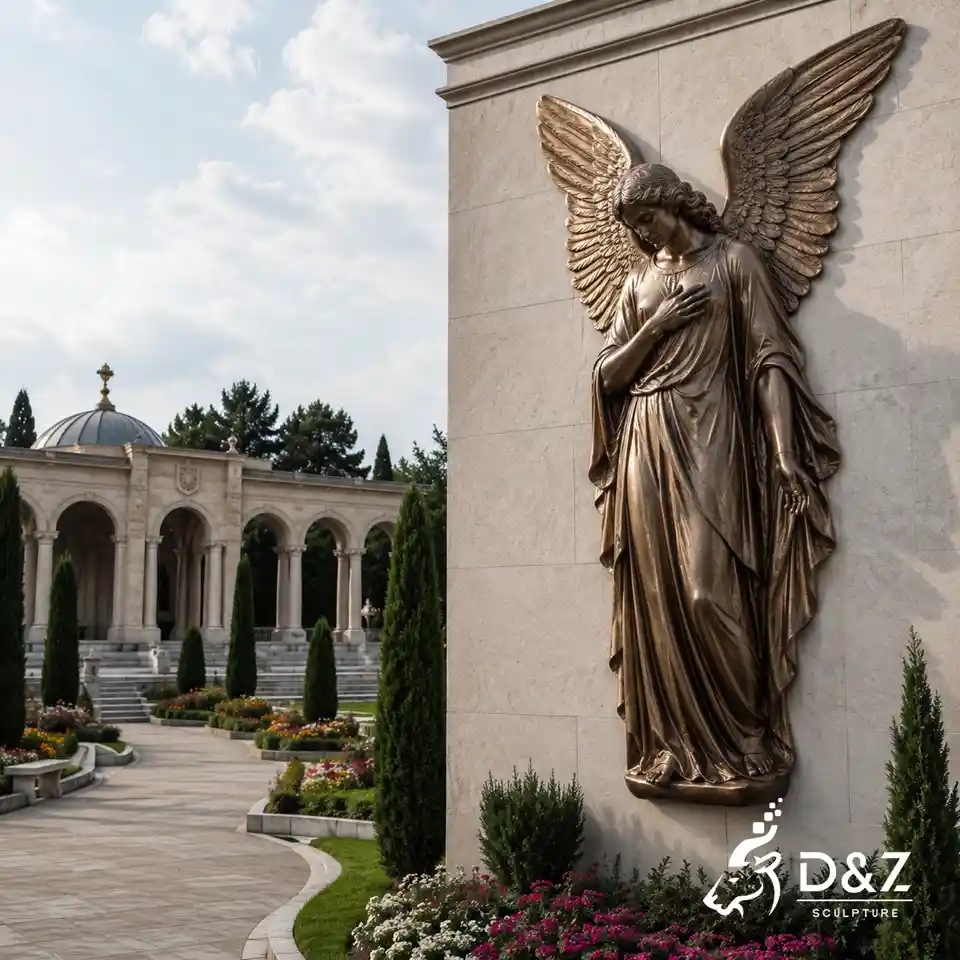 large angel wall sculpture displayed on a stone wall beside a landscaped memorial garden large angel wall sculpture displayed on a stone wall beside a landscaped memorial garden
