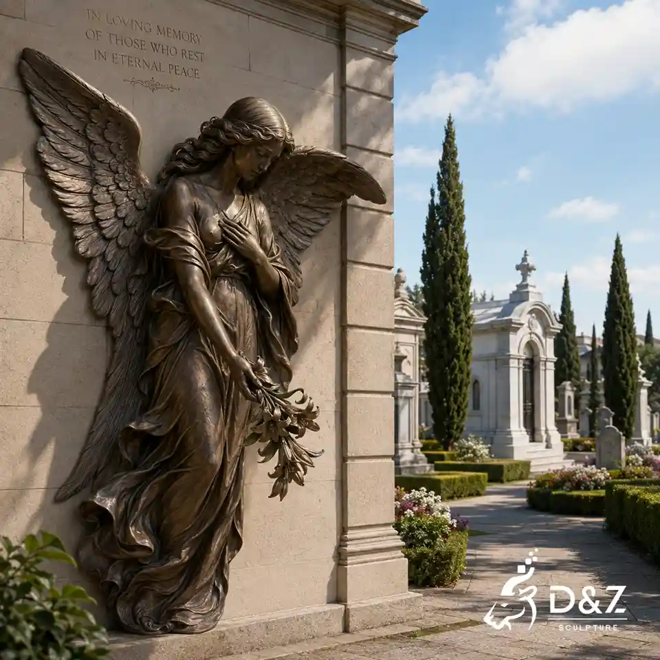 wall angel sculpture in bronze holding flowers on a cemetery memorial wall wall angel sculpture in bronze holding flowers on a cemetery memorial wall