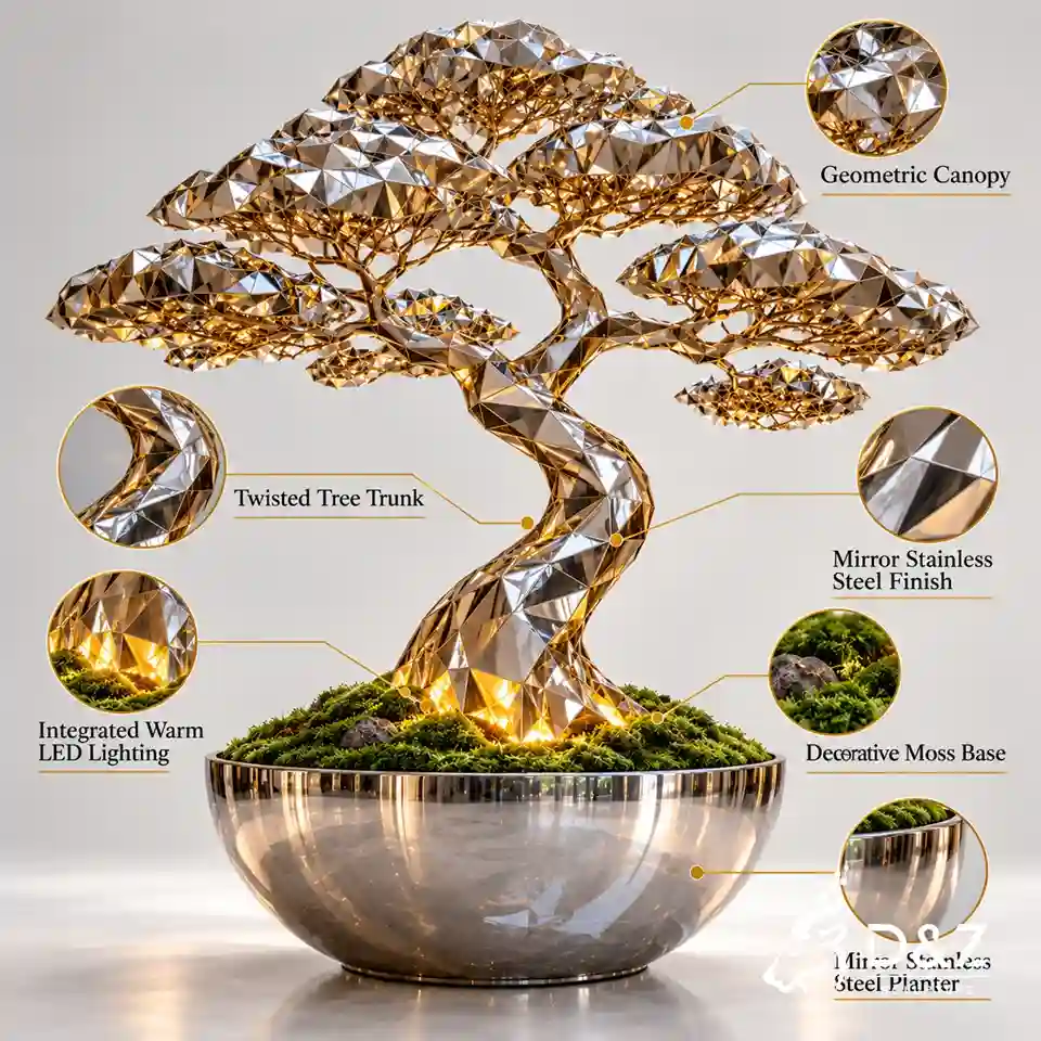 Geometric tree sculpture details showing faceted canopy, twisted trunk, mirror stainless steel finish, moss base and LED lighting
