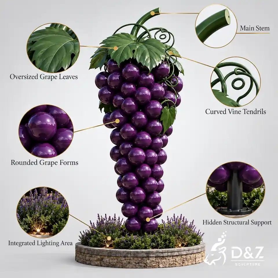 Large grape sculpture details showing rounded grapes leaves stem vines lighting and hidden support