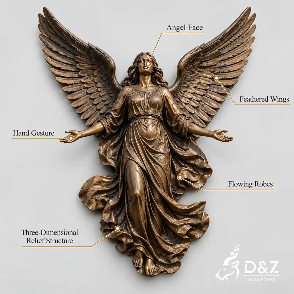 wall sculpture angel detail diagram showing angel face, feathered wings, flowing robes, hand gesture, and relief structure wall sculpture angel detail diagram showing angel face, feathered wings, flowing robes, hand gesture, and relief structure