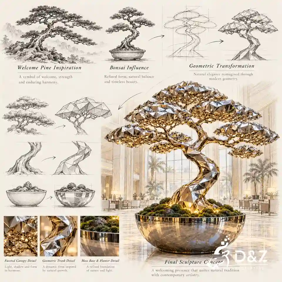 Bonsai tree sculpture design inspired by welcome pine and traditional bonsai transformed into modern geometric metal art