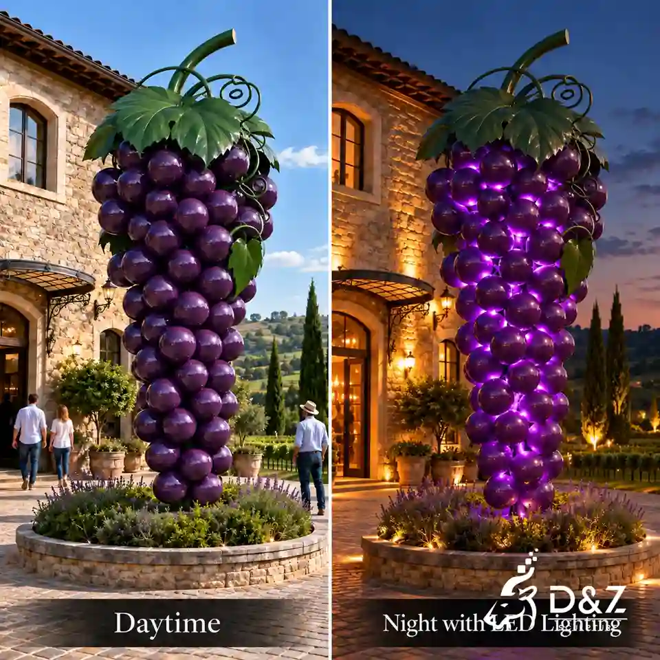 Outdoor grape sculpture shown in daylight and at night with purple LED lighting