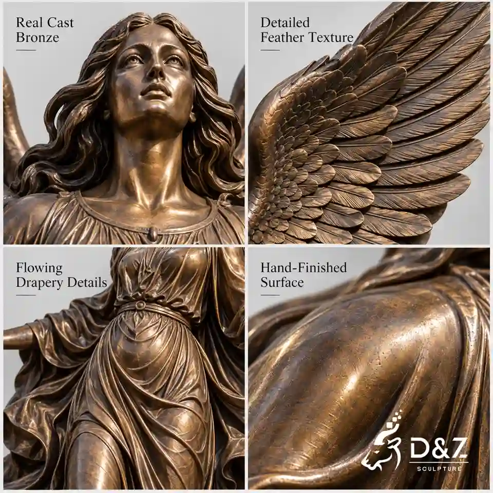 bronze angel sculpture close-up collage showing cast bronze, feather texture, drapery, and hand-finished surface bronze angel sculpture close-up collage showing cast bronze, feather texture, drapery, and hand-finished surface