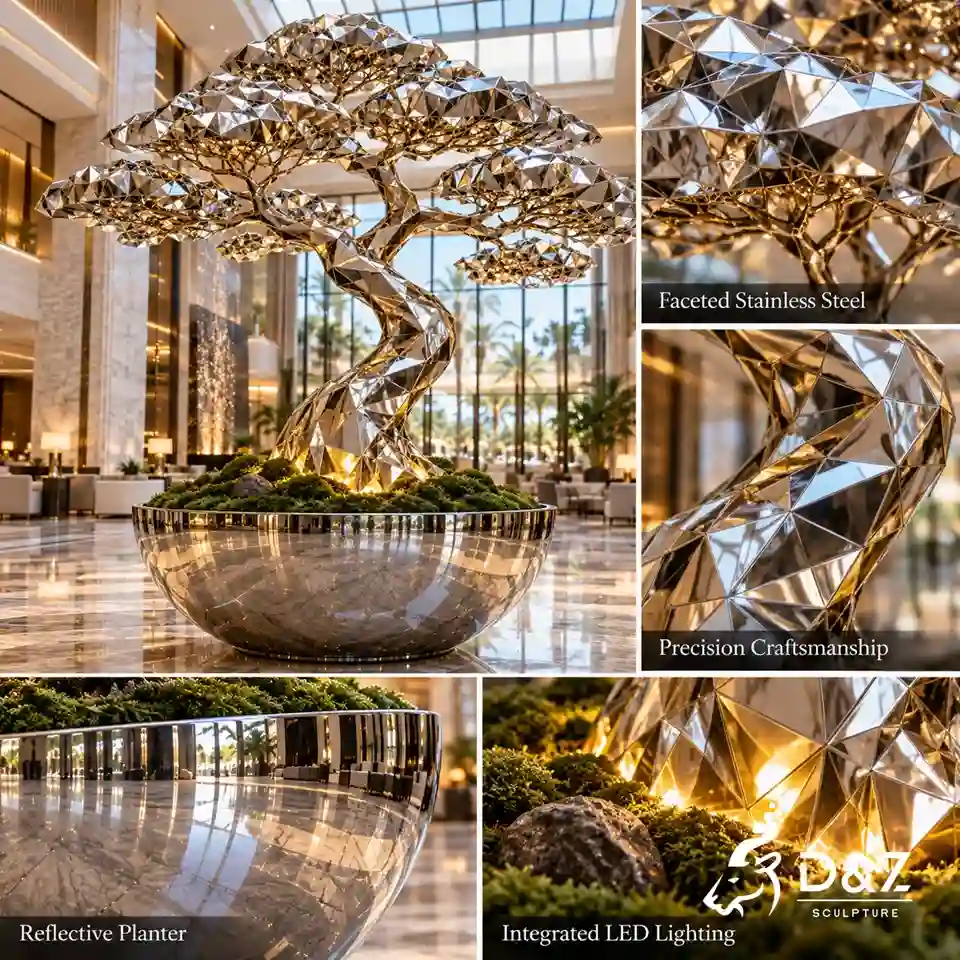 Stainless steel tree sculpture showing faceted metal panels, mirror polishing, reflective planter and integrated LED lighting