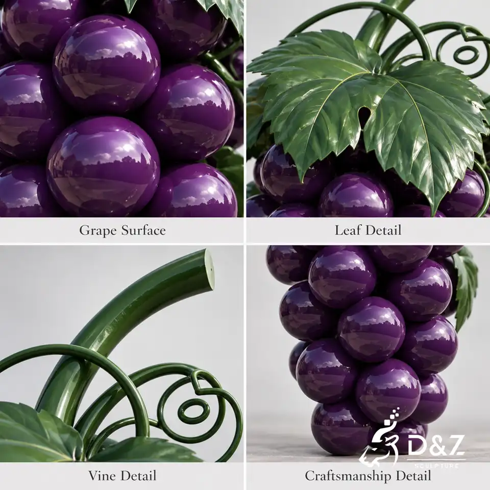 Stainless steel grape sculpture close-up details of grape surface leaves stem and vines