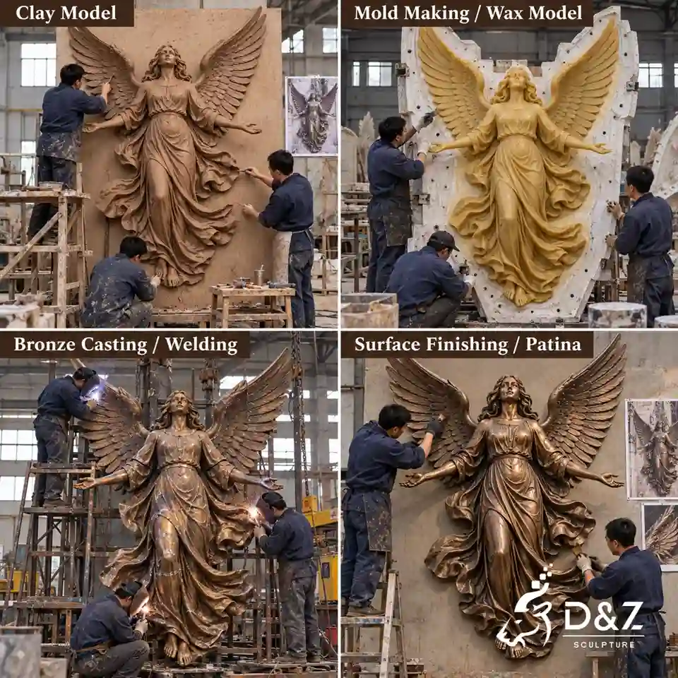angel statue production process showing clay model, wax model, bronze casting, welding, and patina finishing angel statue production process showing clay model, wax model, bronze casting, welding, and patina finishing