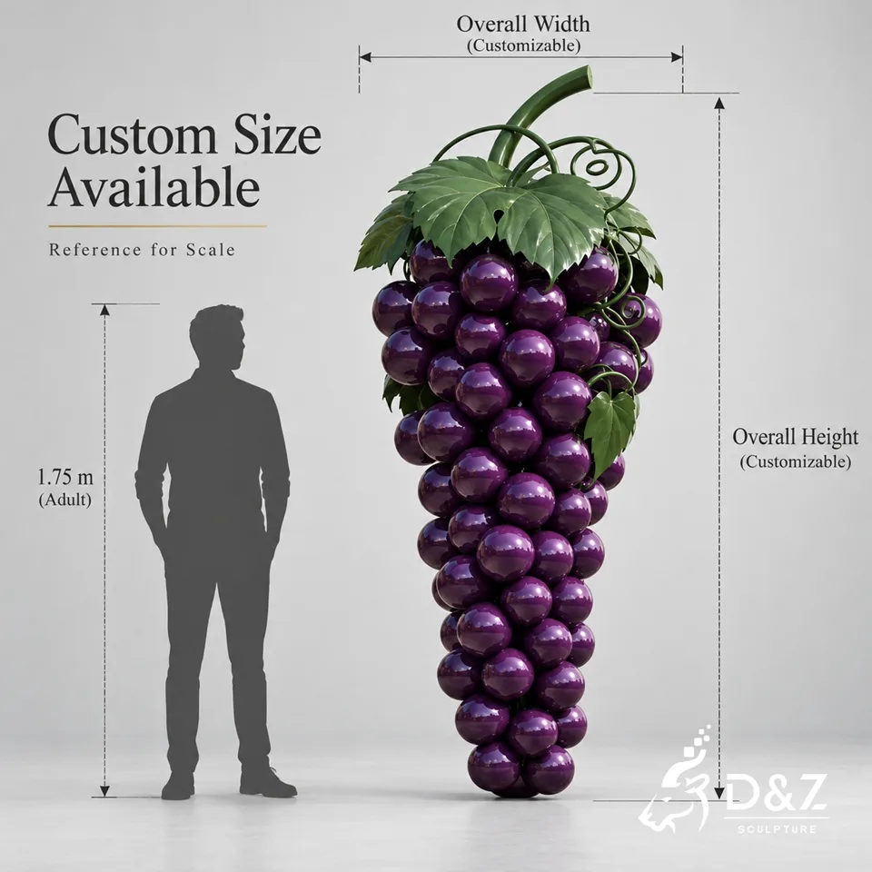 Large grape sculpture size reference with adult silhouette and customizable height and width