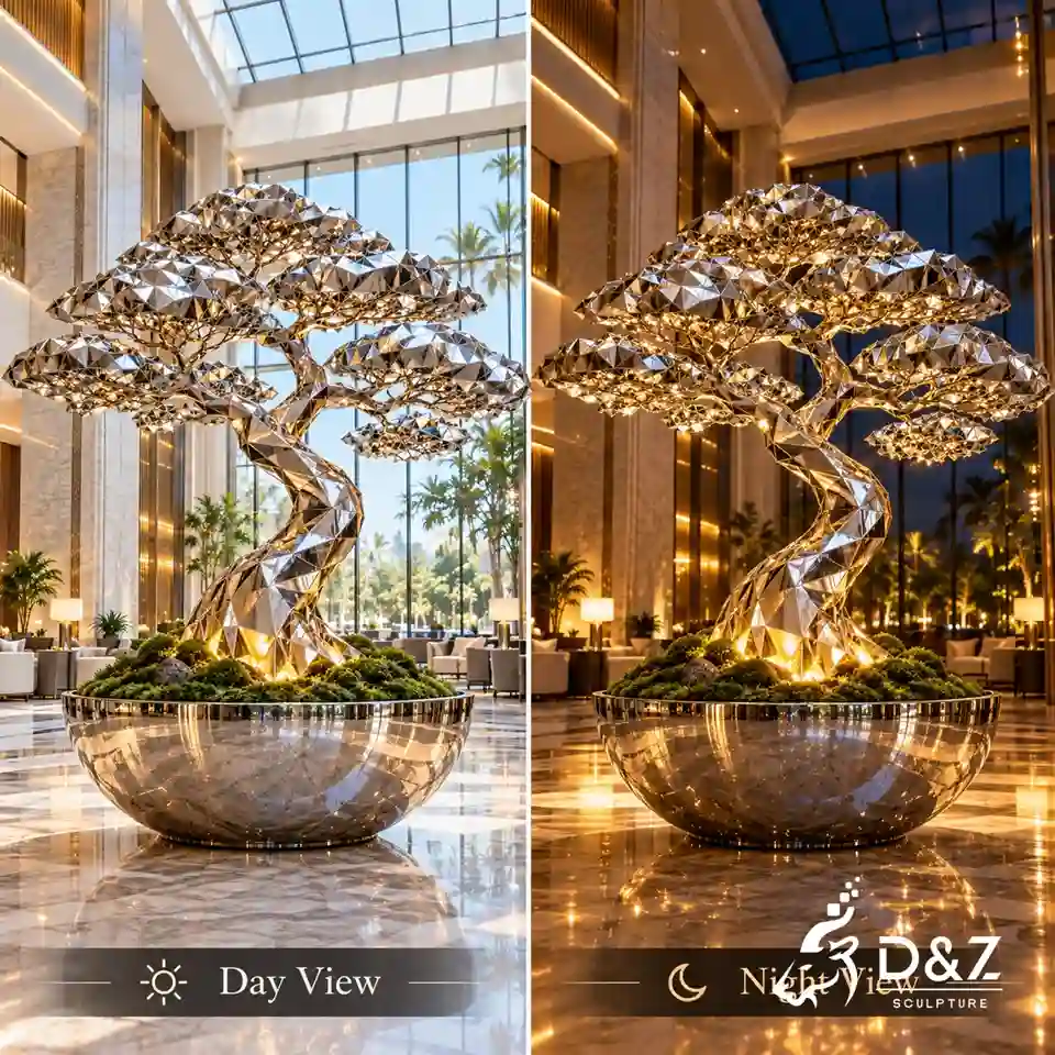 Lighted tree sculpture with warm LED illumination shown in daytime and nighttime hotel lobby settings
