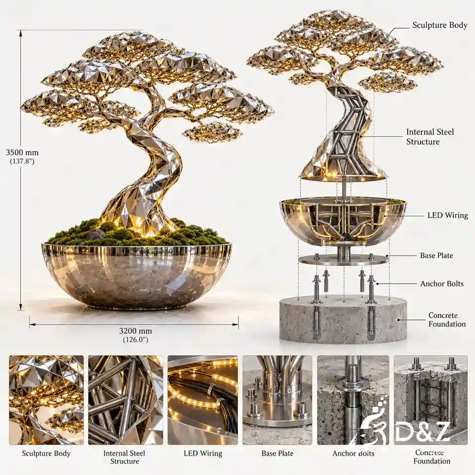 Large metal tree sculpture installation diagram showing internal steel structure, LED wiring, base plate, anchor bolts and concrete foundation