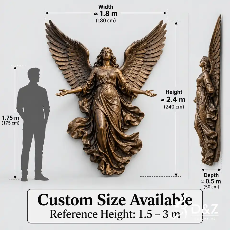 large wall sculpture size chart with bronze angel design, width, height, depth, and human silhouette large wall sculpture size chart with bronze angel design, width, height, depth, and human silhouette