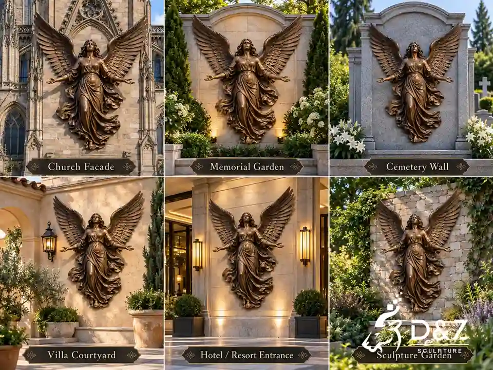 angel wall sculpture collage showing church facade, memorial garden, cemetery wall, villa courtyard, hotel entrance, and sculpture garden angel wall sculpture collage showing church facade, memorial garden, cemetery wall, villa courtyard, hotel entrance, and sculpture garden