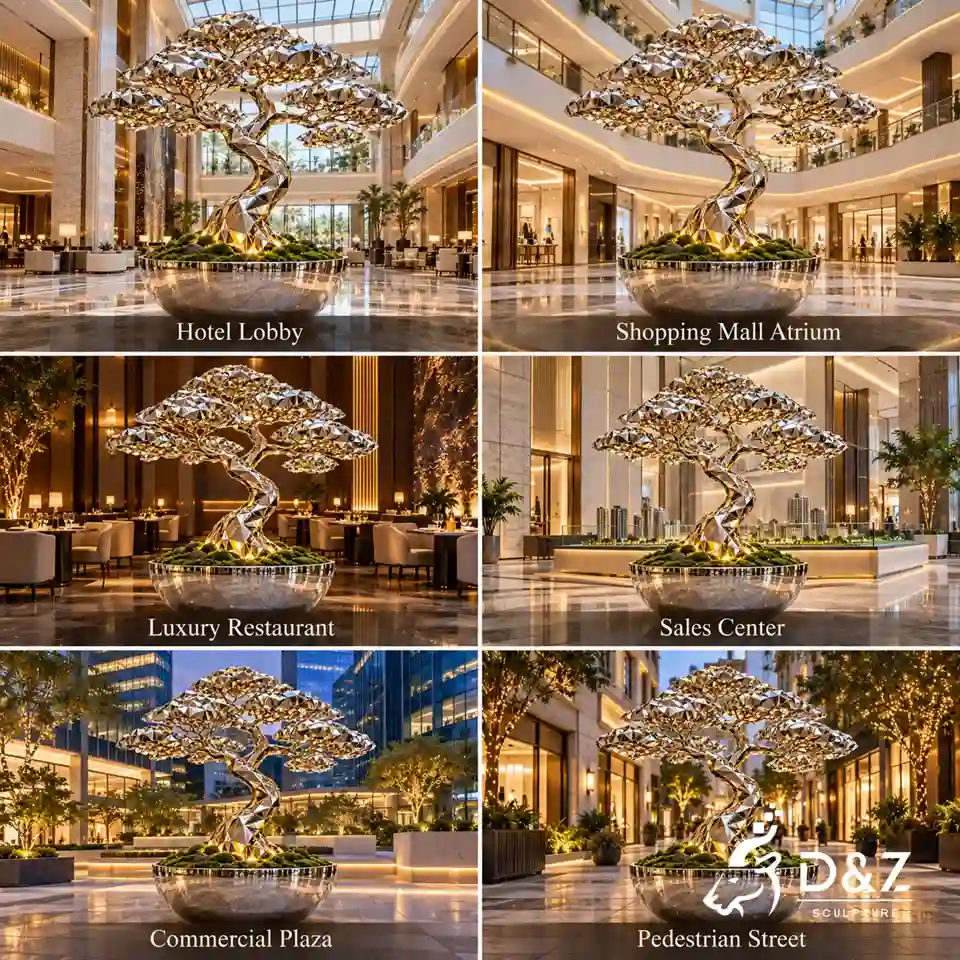 Metal tree sculpture displayed in hotel lobby, shopping mall, restaurant, sales center, commercial plaza and pedestrian street
