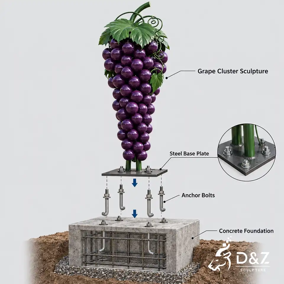 Outdoor grape sculpture installation with steel plate anchor bolts and reinforced concrete foundation