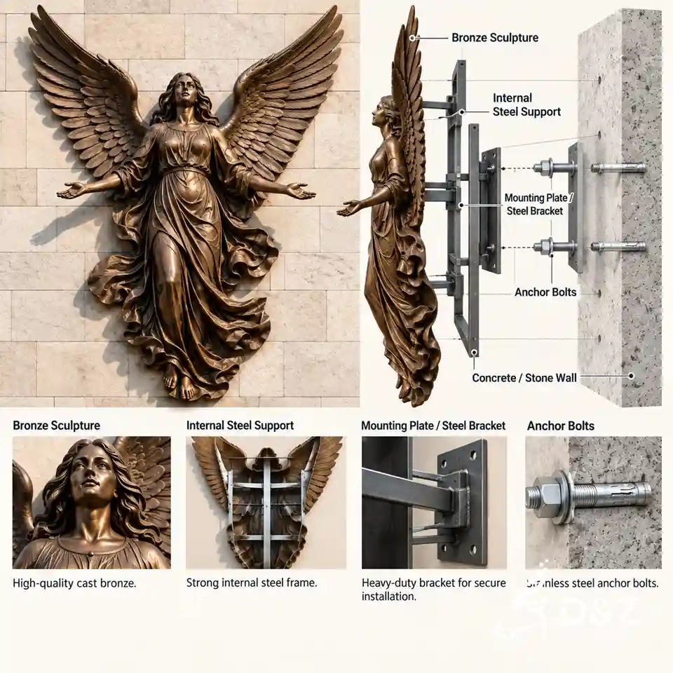angel wall statue installation diagram with steel support, mounting plate, anchor bolts, and stone wall structure angel wall statue installation diagram with steel support, mounting plate, anchor bolts, and stone wall structure