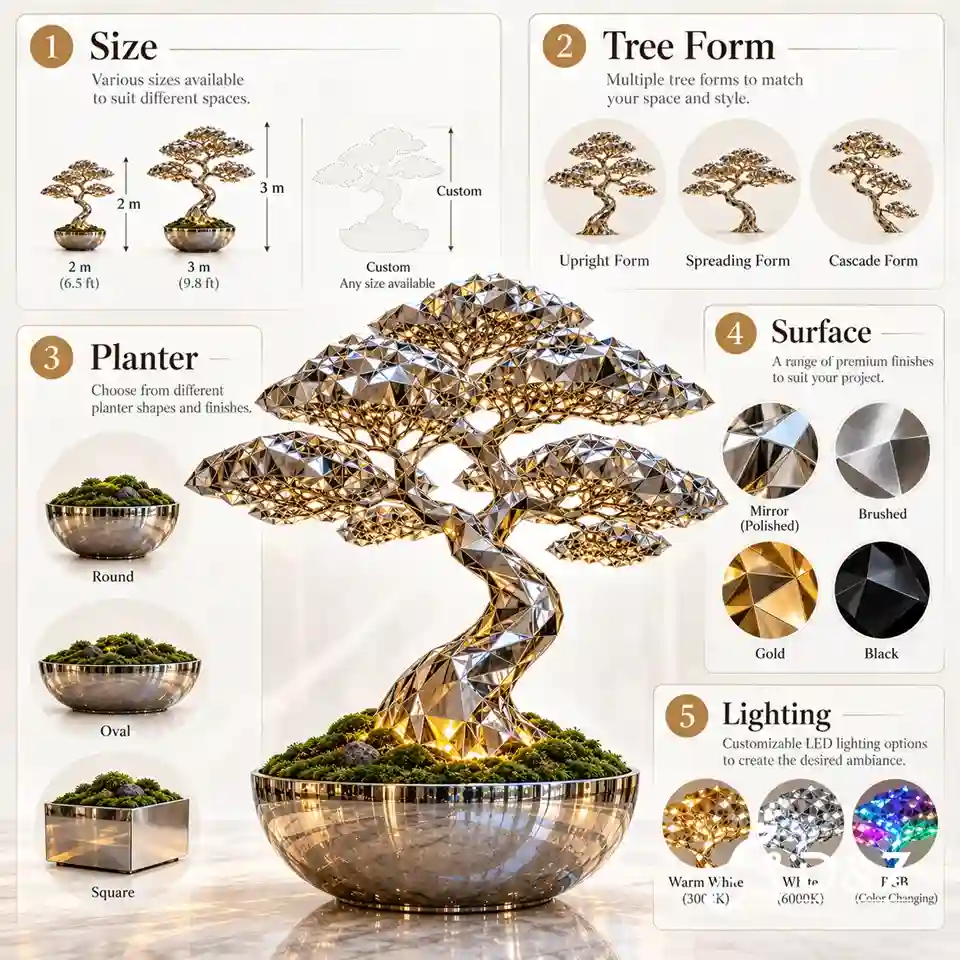 Modern tree sculpture customization options for size, tree form, planter shape, surface finish and LED lighting