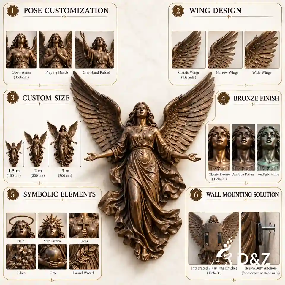 custom angel wall sculpture infographic showing pose, wing design, size, finish, symbolic elements, and wall mounting options custom angel wall sculpture infographic showing pose, wing design, size, finish, symbolic elements, and wall mounting options