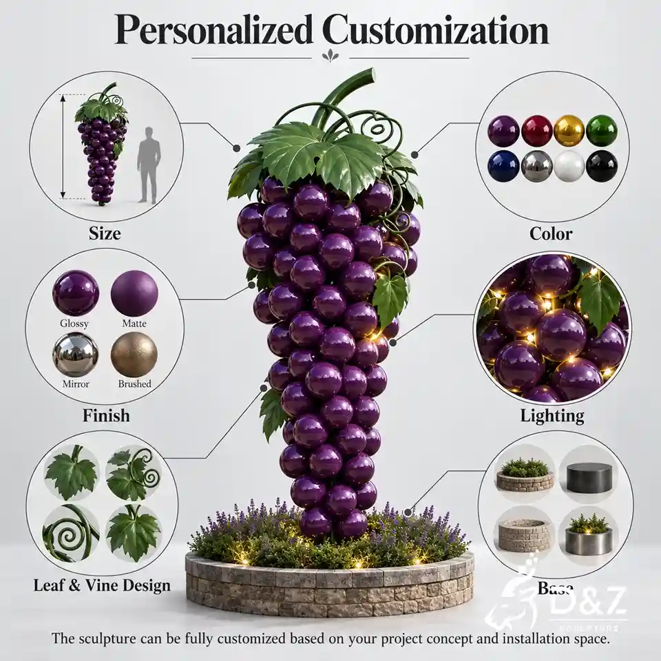 Custom stainless steel grape sculpture options for size color finish lighting leaves and vines