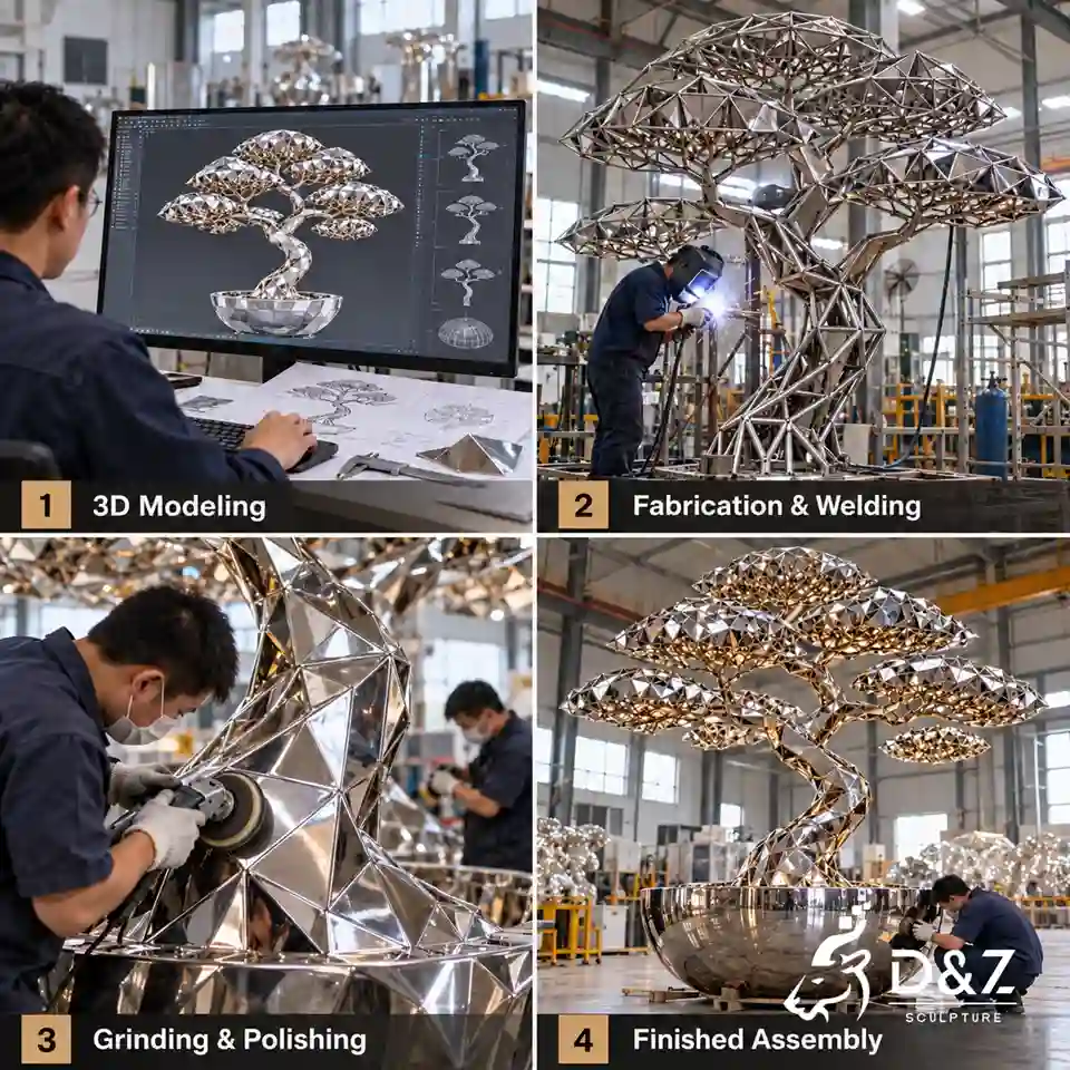 Stainless steel tree sculpture production process including 3D modeling, fabrication, welding, grinding, polishing and final assembly