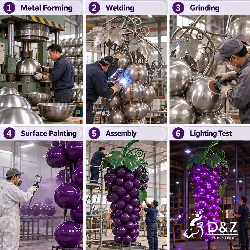 Metal grape sculpture manufacturing process with forming welding grinding painting assembly and lighting test