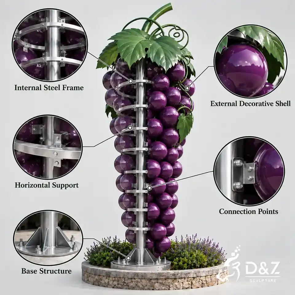 Stainless steel grape sculpture internal frame horizontal supports and connection points