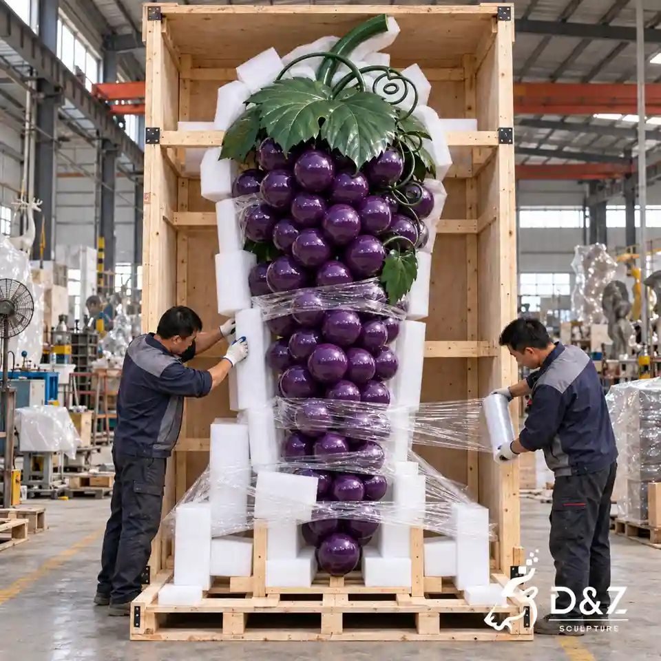 Large grape sculpture protected with foam stretch film and reinforced wooden crate for shipping