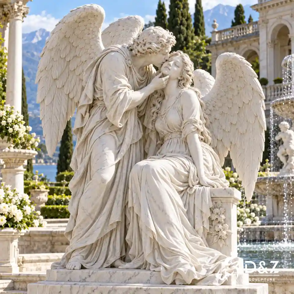 Hand-carved marble angel kiss sculpture with a standing male angel gently kissing a seated female angel DZC91 Hand-carved marble angel kiss sculpture with a standing male angel gently kissing a seated female angel DZC91