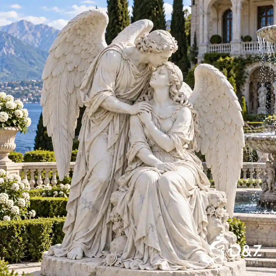 Marble angel kiss statue with male angel gently kissing the forehead of a seated female angel in a garden Marble angel kiss statue with male angel gently kissing the forehead of a seated female angel in a garden