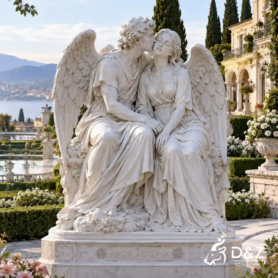 Seated angel lovers statue in white marble with two winged angels sharing a gentle romantic kiss Seated angel lovers statue in white marble with two winged angels sharing a gentle romantic kiss