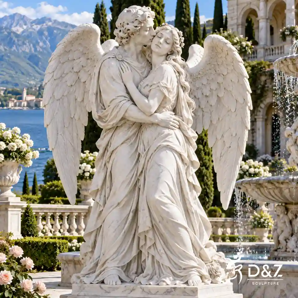 Standing marble angel kiss sculpture with two winged lovers embracing in a luxury European garden Standing marble angel kiss sculpture with two winged lovers embracing in a luxury European garden
