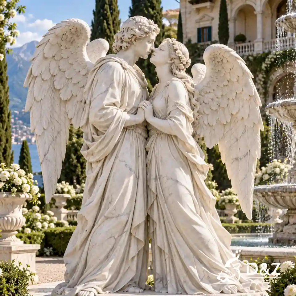 Winged angel kiss statue with two standing marble angels facing each other before a kiss Winged angel kiss statue with two standing marble angels facing each other before a kiss