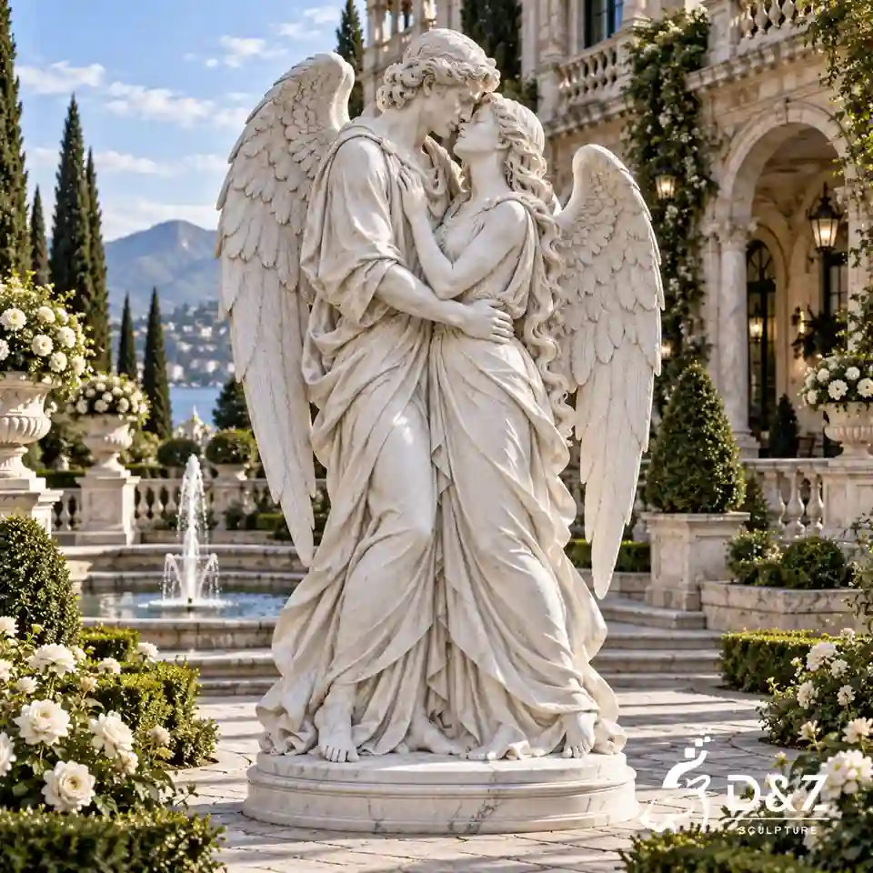 Large marble angel lovers statue with standing winged couple embracing in a formal garden setting Large marble angel lovers statue with standing winged couple embracing in a formal garden setting