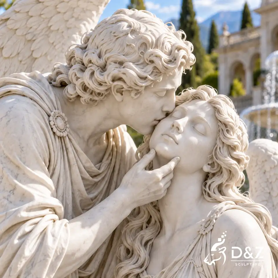Facial detail of hand-carved marble angel kiss sculpture showing a gentle kiss and sculpted facial features Facial detail of hand-carved marble angel kiss sculpture showing a gentle kiss and sculpted facial features