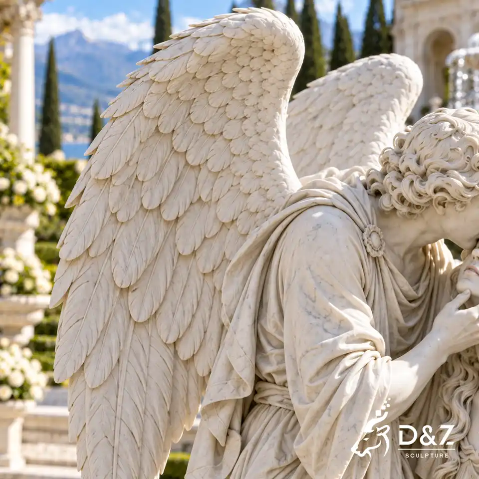 Wing detail of marble angel sculpture with layered hand-carved feathers and natural stone texture Wing detail of marble angel sculpture with layered hand-carved feathers and natural stone texture