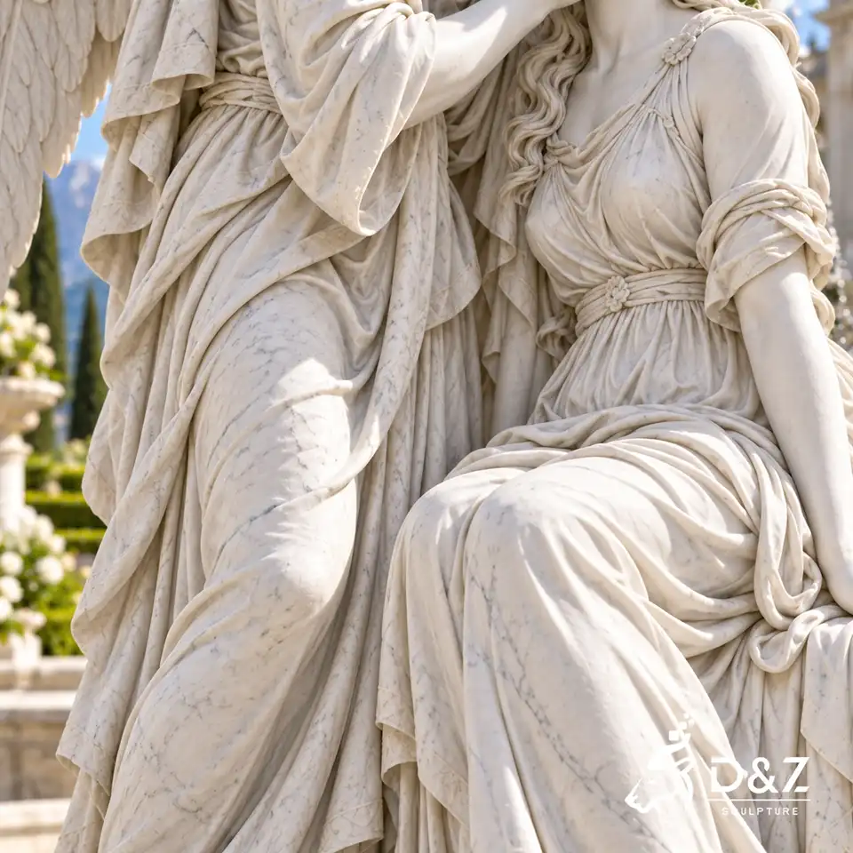 Drapery detail of marble angel kiss statue showing hand-carved robe folds and natural marble veins Drapery detail of marble angel kiss statue showing hand-carved robe folds and natural marble veins