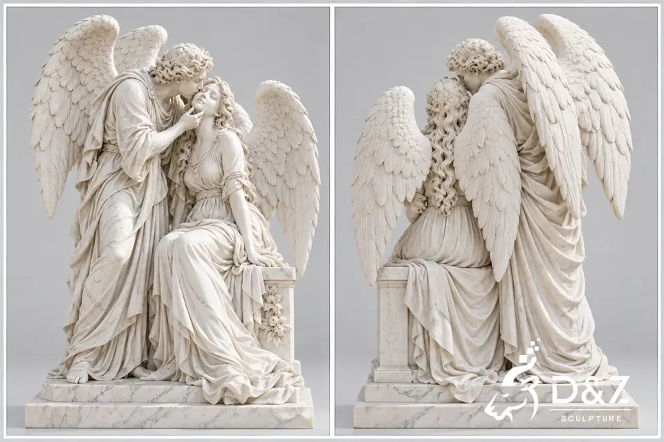 Front and back views of DZC91 marble angel kiss sculpture showing figures, robes, and four detailed wings Front and back views of DZC91 marble angel kiss sculpture showing figures, robes, and four detailed wings