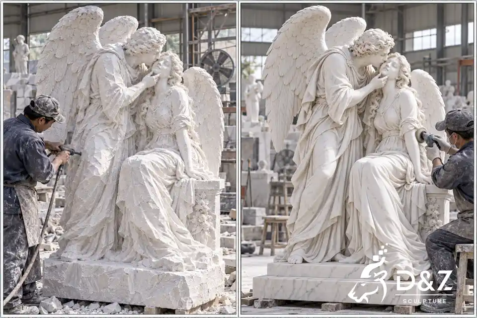 Marble angel kiss sculpture carving process showing rough carving and hand polishing in the D&Z sculpture factory Marble angel kiss sculpture carving process showing rough carving and hand polishing in the D&Z sculpture factory