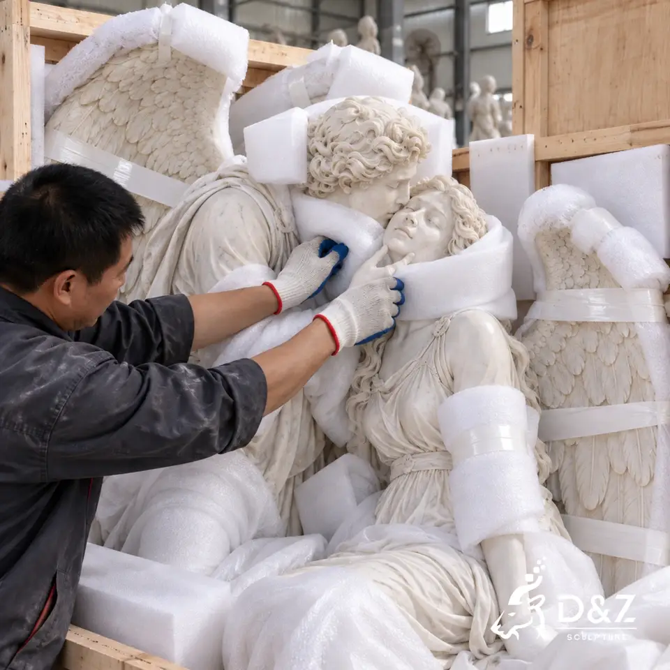 Protective packing of marble angel kiss sculpture with foam cushioning inside a reinforced wooden crate Protective packing of marble angel kiss sculpture with foam cushioning inside a reinforced wooden crate