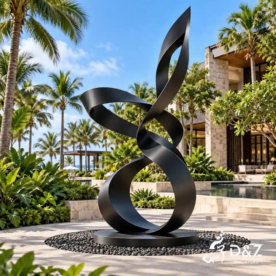 Black ribbon sculpture in stainless steel displayed in a tropical resort landscape Black ribbon sculpture in stainless steel displayed in a tropical resort landscape