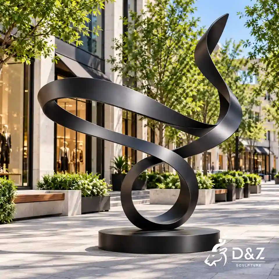 Black ribbon sculpture with abstract flowing curves in a modern commercial street Black ribbon sculpture with abstract flowing curves in a modern commercial street