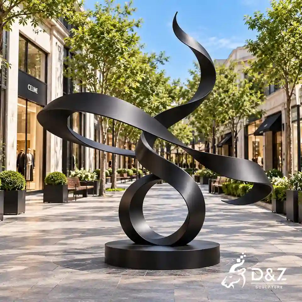 Black ribbon sculpture with twisted metal ribbon design in a commercial pedestrian street Black ribbon sculpture with twisted metal ribbon design in a commercial pedestrian street