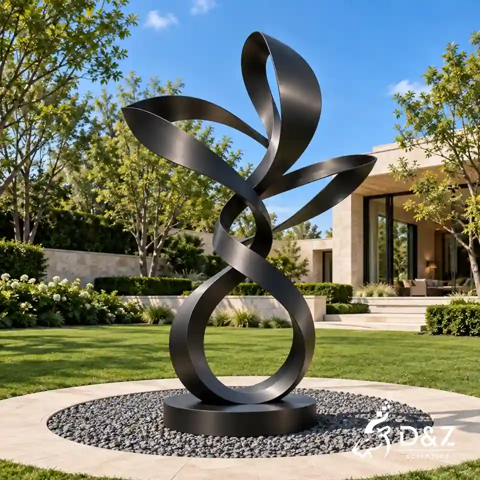 Black ribbon sculpture with abstract stainless steel design in a luxury villa garden Black ribbon sculpture with abstract stainless steel design in a luxury villa garden