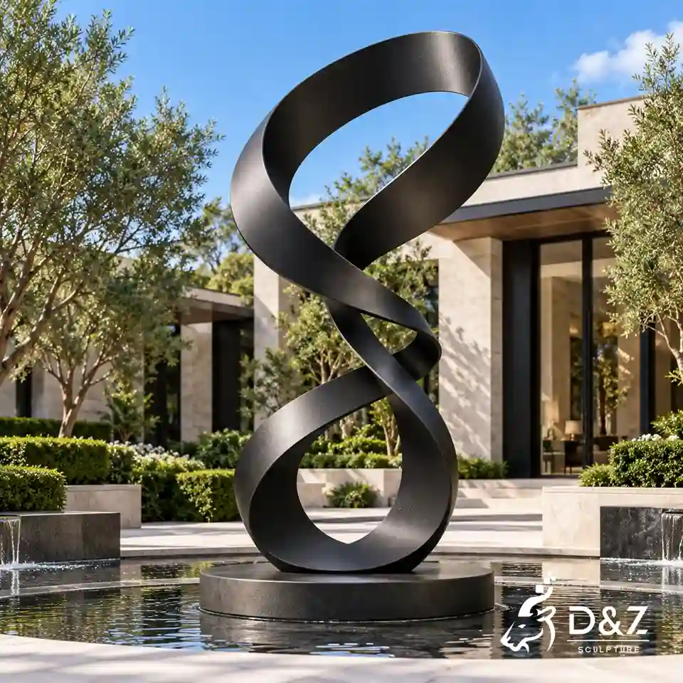 Black ribbon sculpture beside a modern water feature in a luxury courtyard Black ribbon sculpture beside a modern water feature in a luxury courtyard