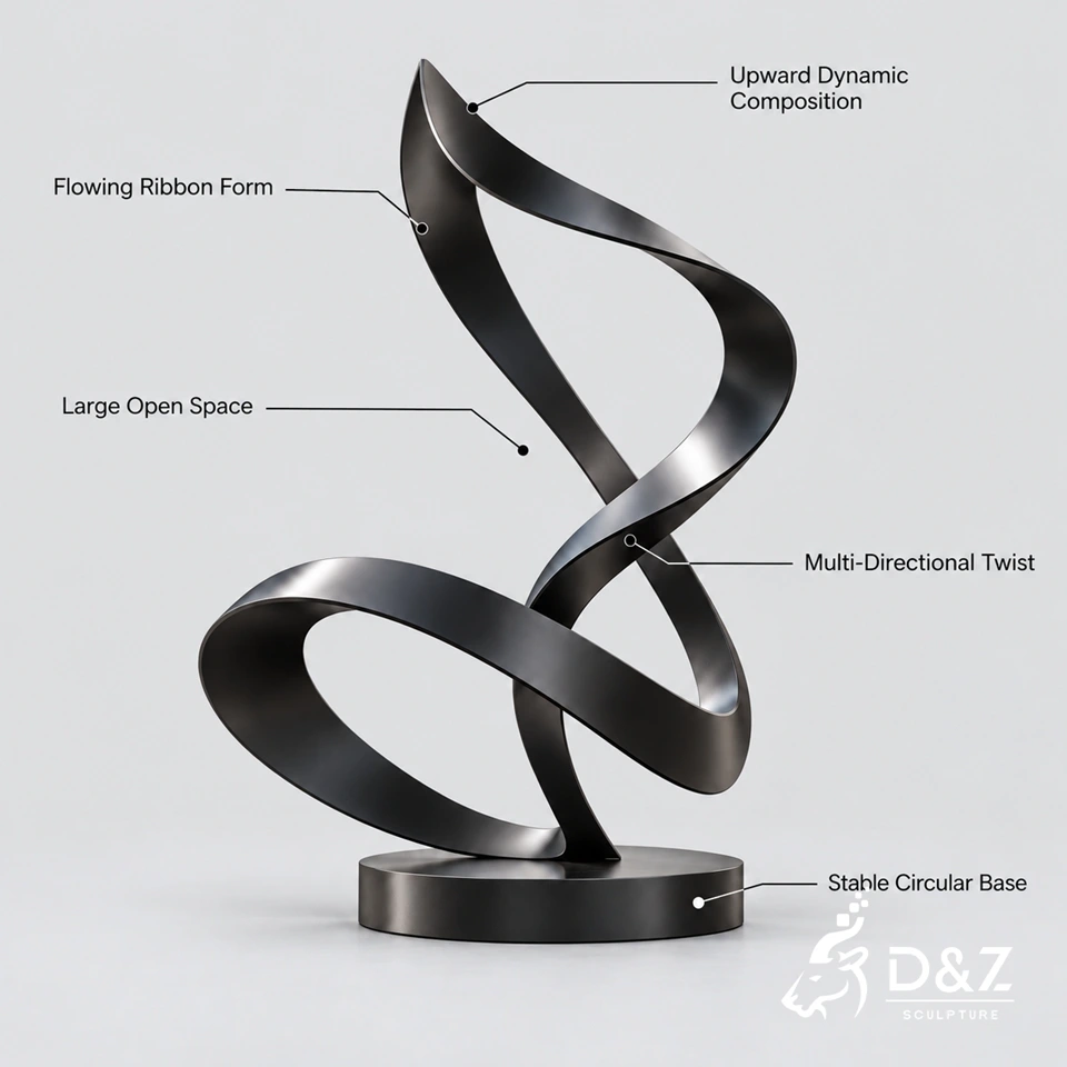 Black ribbon sculpture design showing flowing ribbon form open spaces and twisting structure Black ribbon sculpture design showing flowing ribbon form open spaces and twisting structure