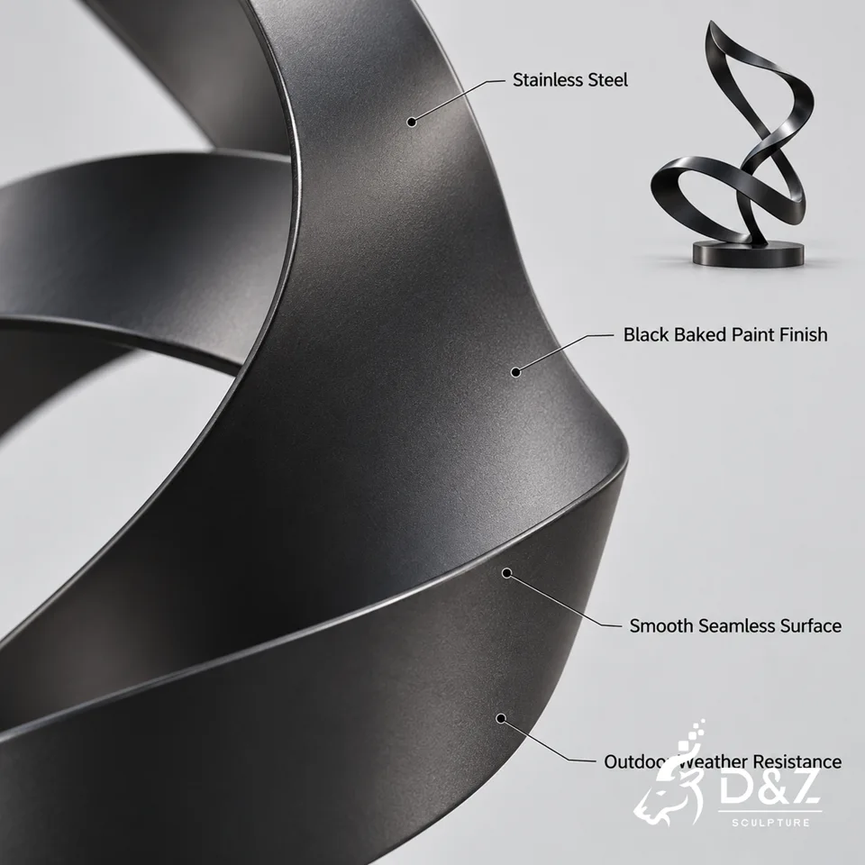 Black ribbon sculpture detail showing stainless steel and matte black baked paint finish Black ribbon sculpture detail showing stainless steel and matte black baked paint finish