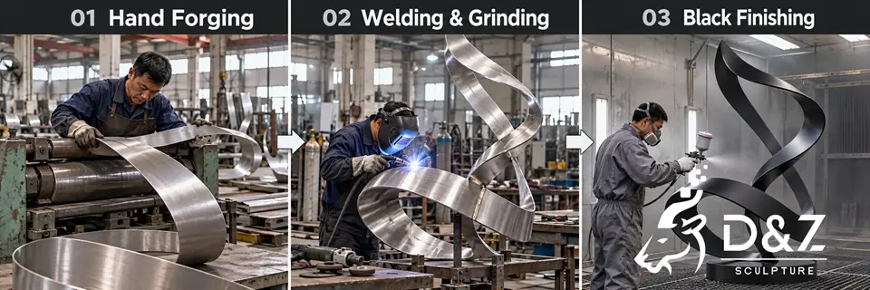Black ribbon sculpture fabrication process with hand forging welding grinding and black finishing Black ribbon sculpture fabrication process with hand forging welding grinding and black finishing