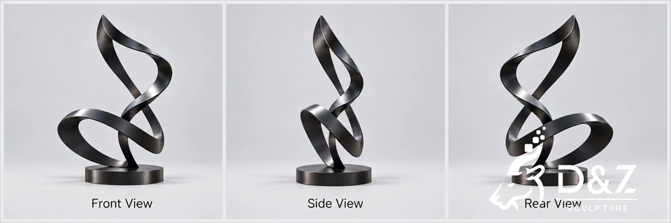 Black ribbon sculpture front side and rear views showing changing twisted forms Black ribbon sculpture front side and rear views showing changing twisted forms