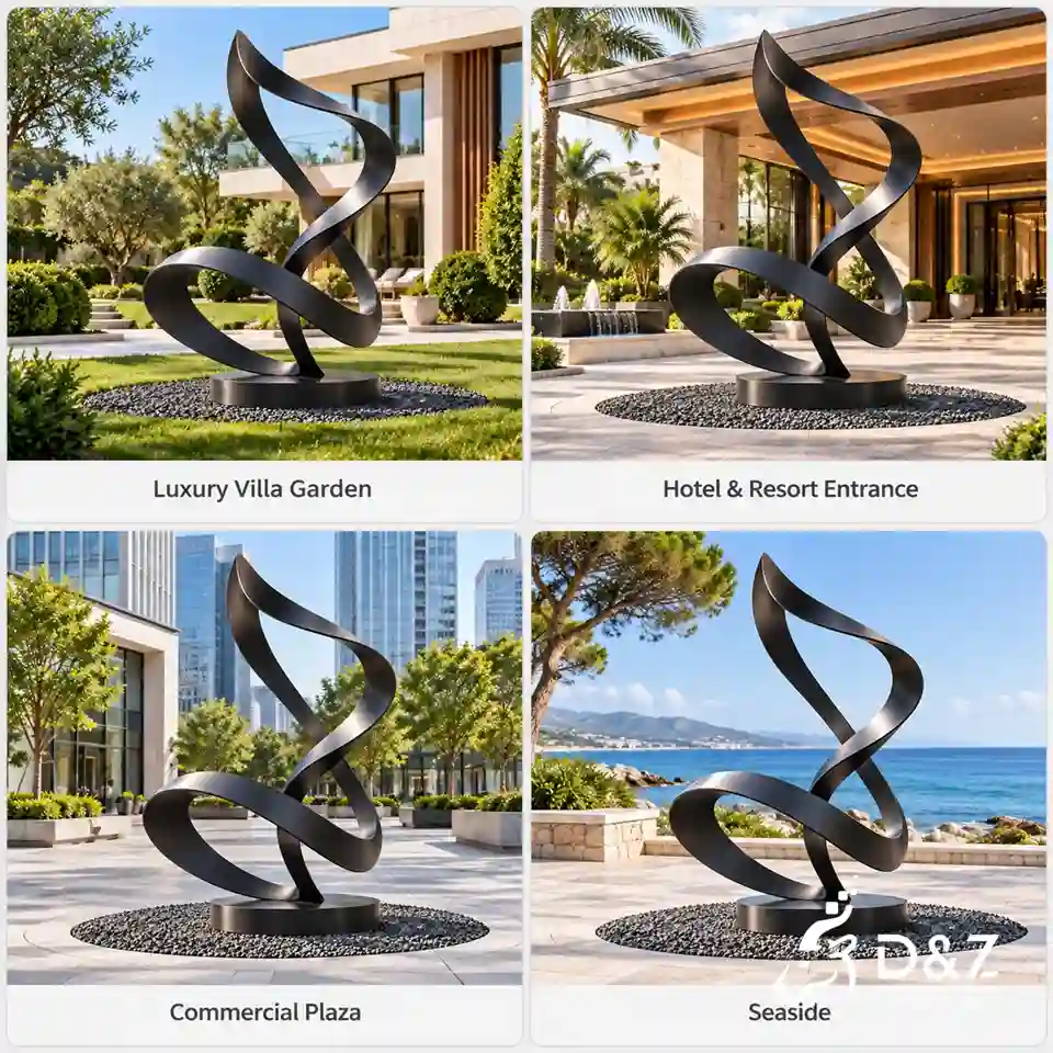 Black ribbon sculpture in villa garden hotel entrance commercial plaza and seaside settings Black ribbon sculpture in villa garden hotel entrance commercial plaza and seaside settings